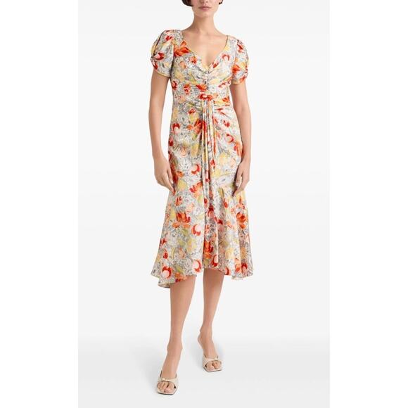 Cinq à Sept Walker Floral Midi Dress Size 6 Puff Sleeve Ruched Ivory Multi - Picture 2 of 13